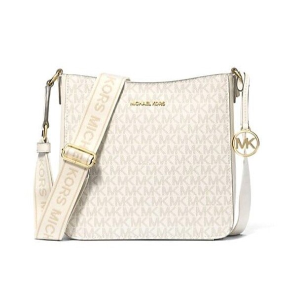 New Michael Kors Jet Set Travel Small Signature Logo Messenger Bag Light Cream - Picture 1 of 4